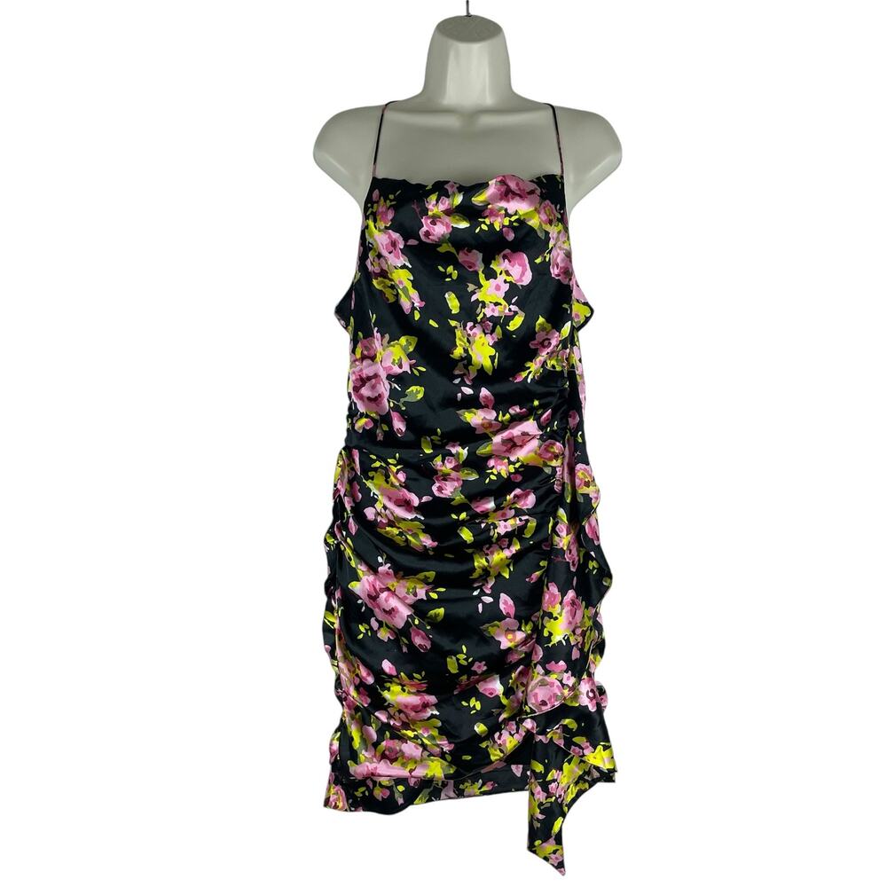 Likely Asta Floral Print Satin Mini Dress Ruffle Side Ruch Size 6 - Picture 4 of 12